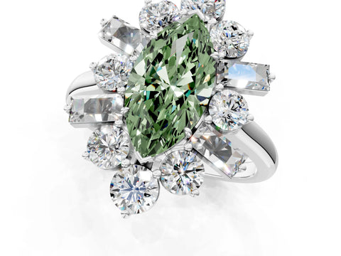 White gold Fancy Green Marquise Cut Diamond Cluster Ring with Round and Baguette Stones, Split Shank Band, Prong Setting_13