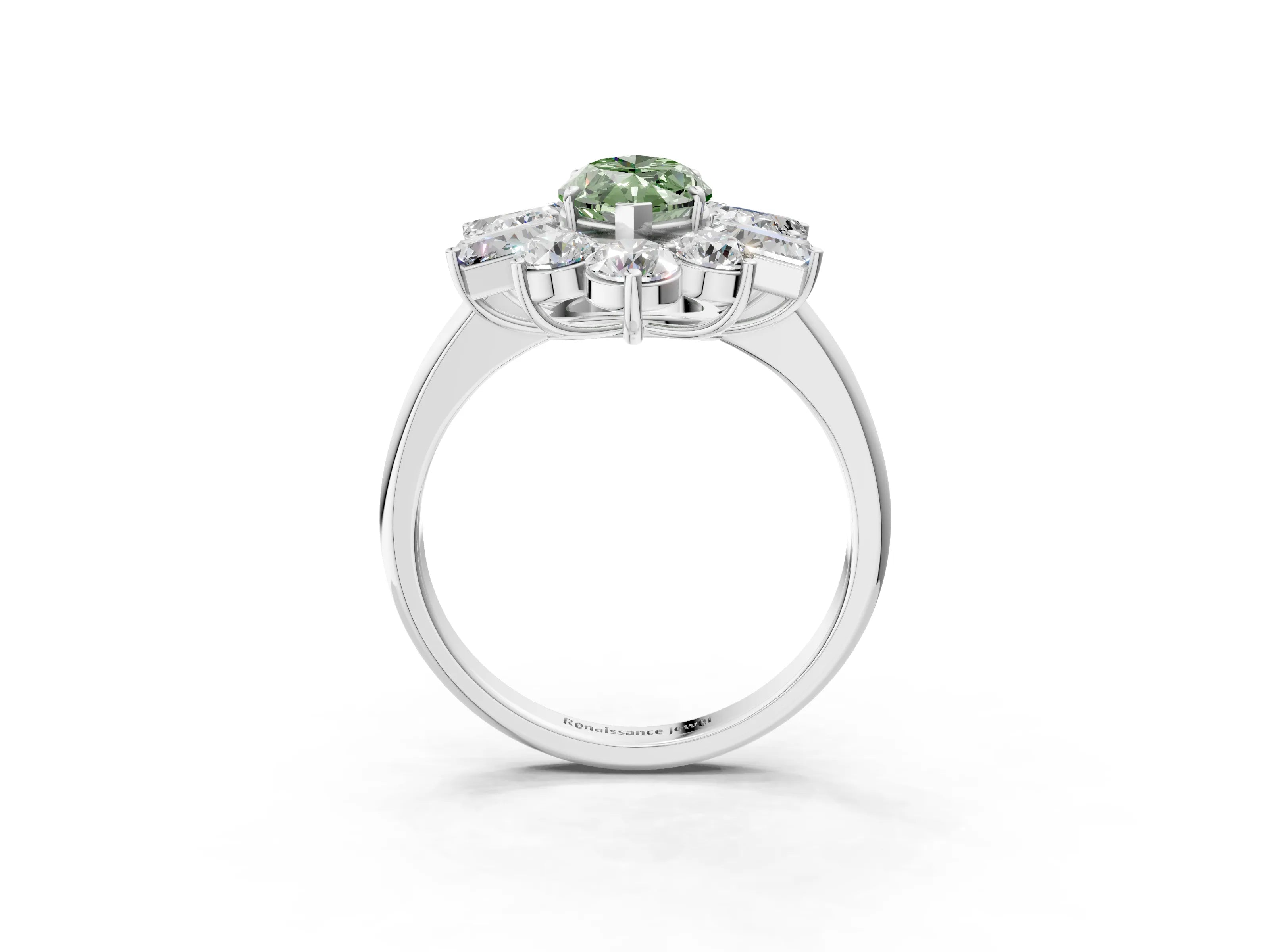 White gold Fancy Green Marquise Cut Diamond Cluster Ring with Round and Baguette Stones, Split Shank Band, Prong Setting_15