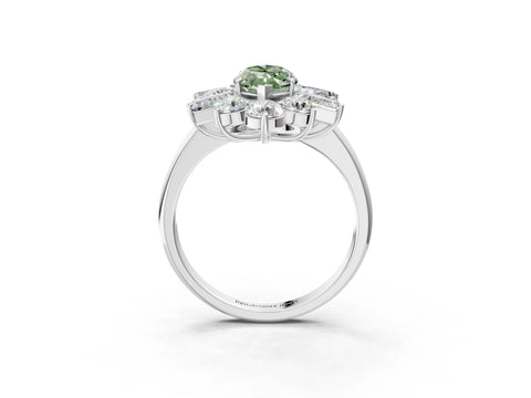 White gold Fancy Green Marquise Cut Diamond Cluster Ring with Round and Baguette Stones, Split Shank Band, Prong Setting_15