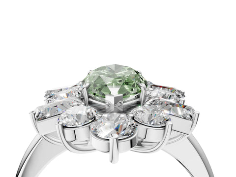 White gold Fancy Green Marquise Cut Diamond Cluster Ring with Round and Baguette Stones, Split Shank Band, Prong Setting_16