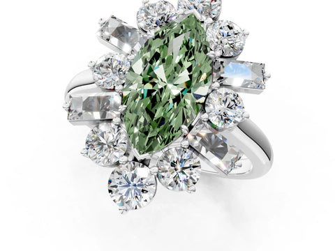 White gold Fancy Green Marquise Cut Diamond Cluster Ring with Round and Baguette Stones, Split Shank Band, Prong Setting_1
