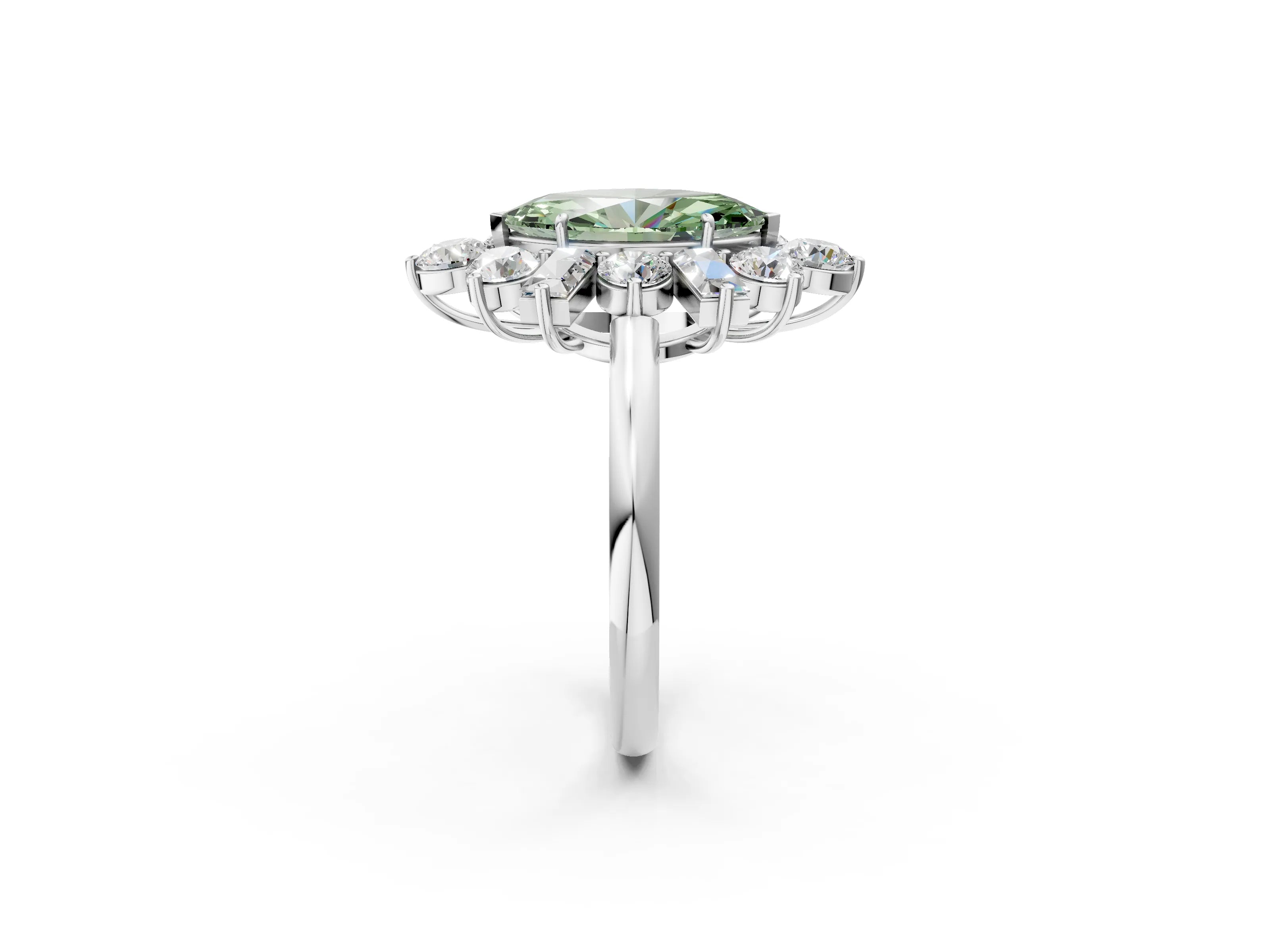White gold Fancy Green Marquise Cut Diamond Cluster Ring with Round and Baguette Stones, Split Shank Band, Prong Setting_2