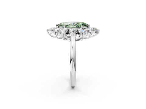 White gold Fancy Green Marquise Cut Diamond Cluster Ring with Round and Baguette Stones, Split Shank Band, Prong Setting_2