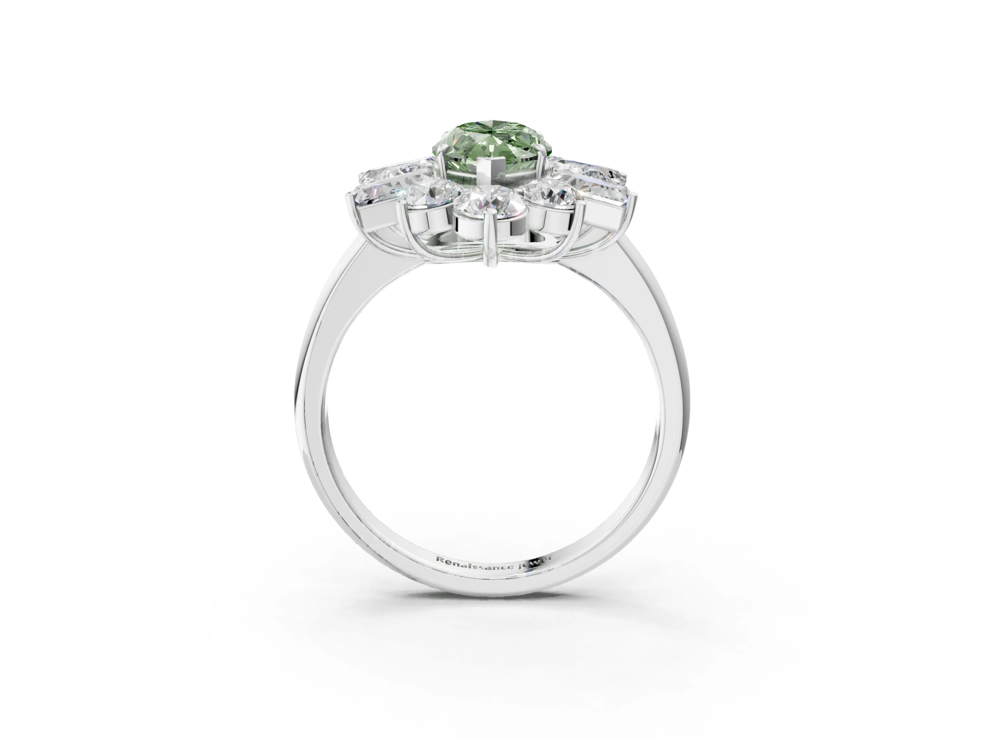 White gold Fancy Green Marquise Cut Diamond Cluster Ring with Round and Baguette Stones, Split Shank Band, Prong Setting_3