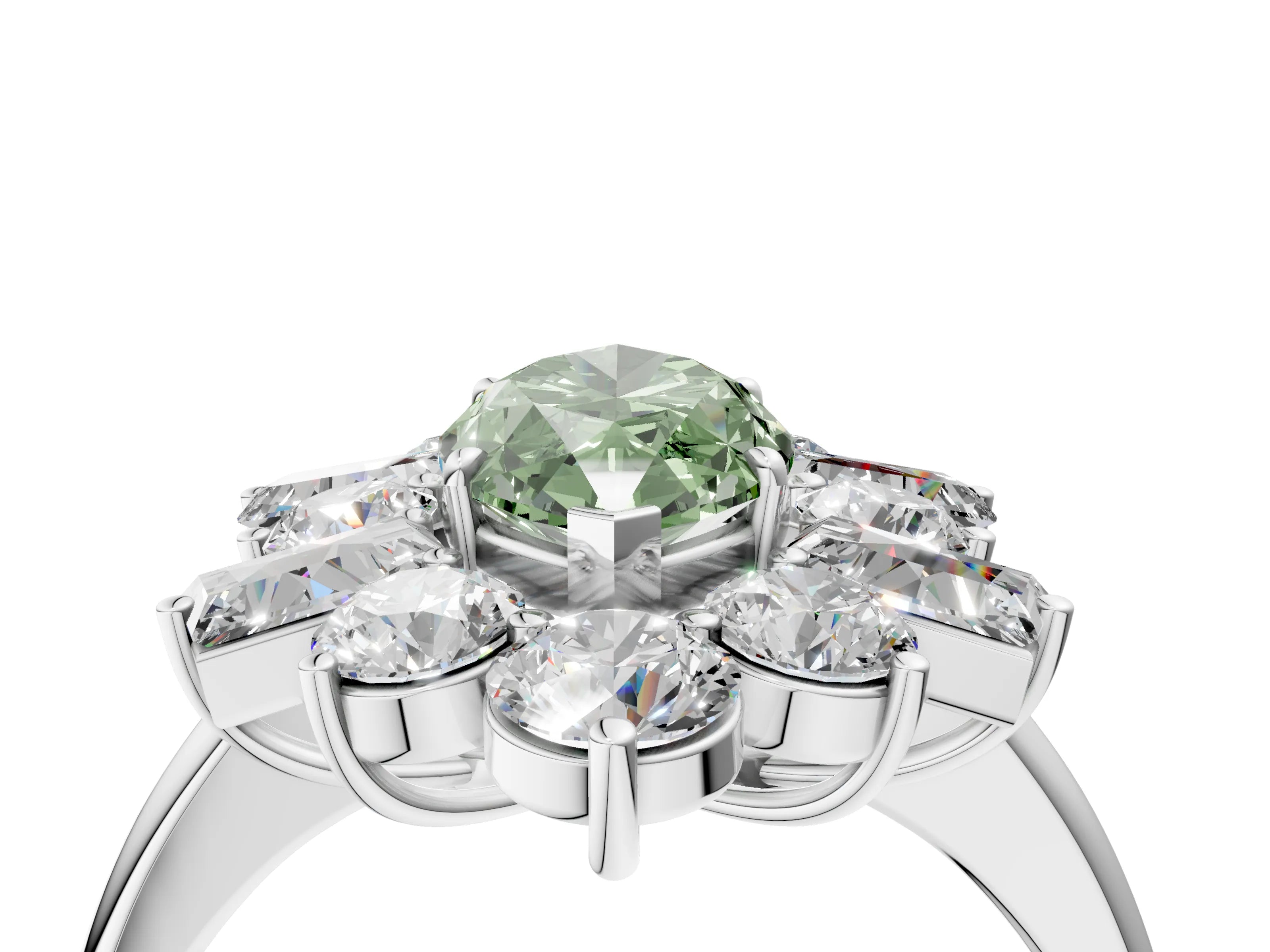 White gold Fancy Green Marquise Cut Diamond Cluster Ring with Round and Baguette Stones, Split Shank Band, Prong Setting_4
