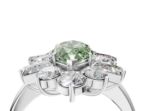 White gold Fancy Green Marquise Cut Diamond Cluster Ring with Round and Baguette Stones, Split Shank Band, Prong Setting_4
