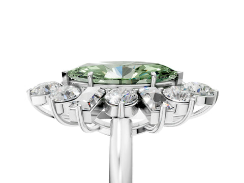 White gold Fancy Green Marquise Cut Diamond Cluster Ring with Round and Baguette Stones, Split Shank Band, Prong Setting_5