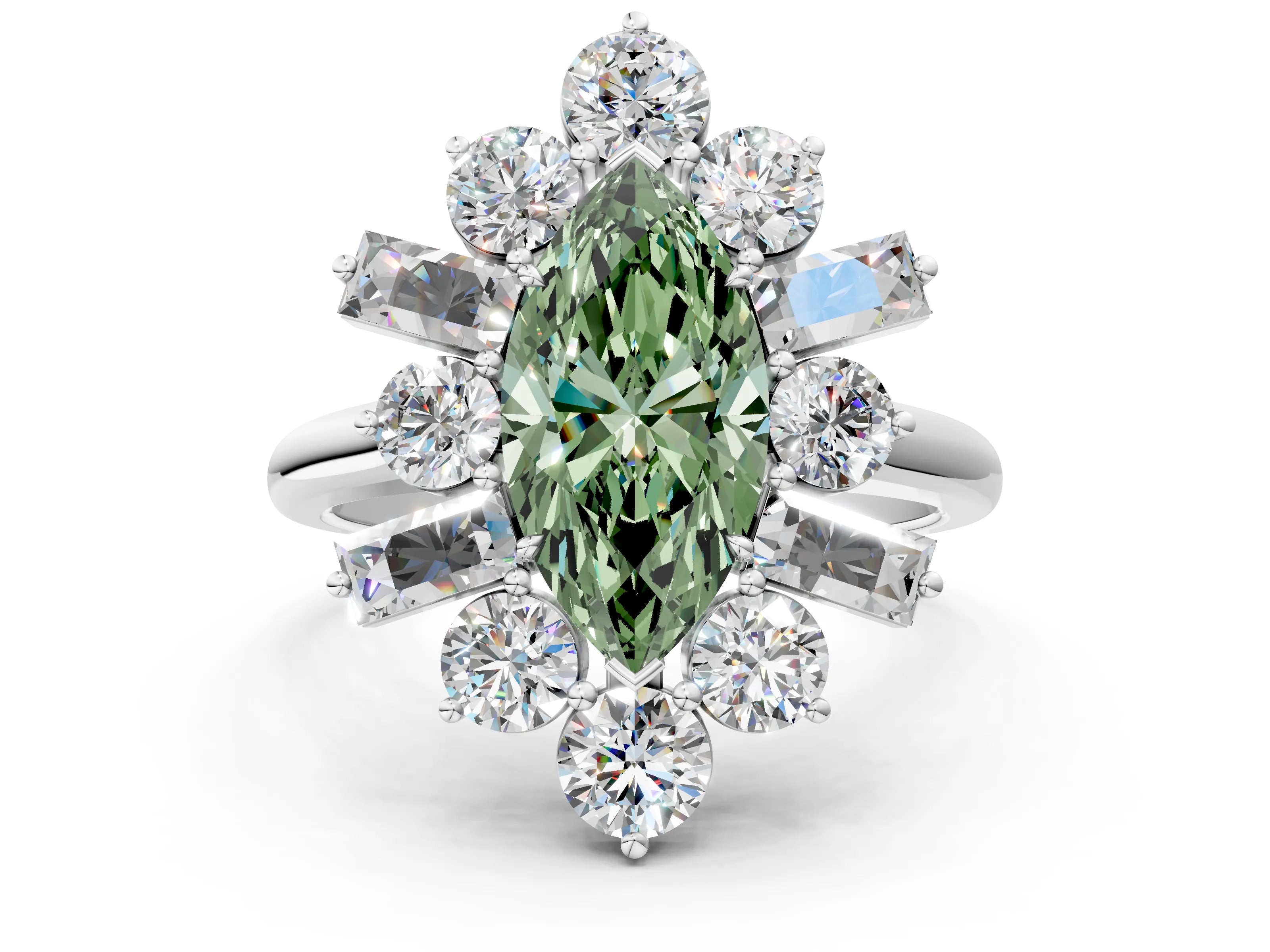 White gold Fancy Green Marquise Cut Diamond Cluster Ring with Round and Baguette Stones, Split Shank Band, Prong Setting