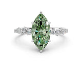 White gold Fancy Green Marquise Cut Diamond Cluster Side Stone Solitaire Ring with Prong Setting_97