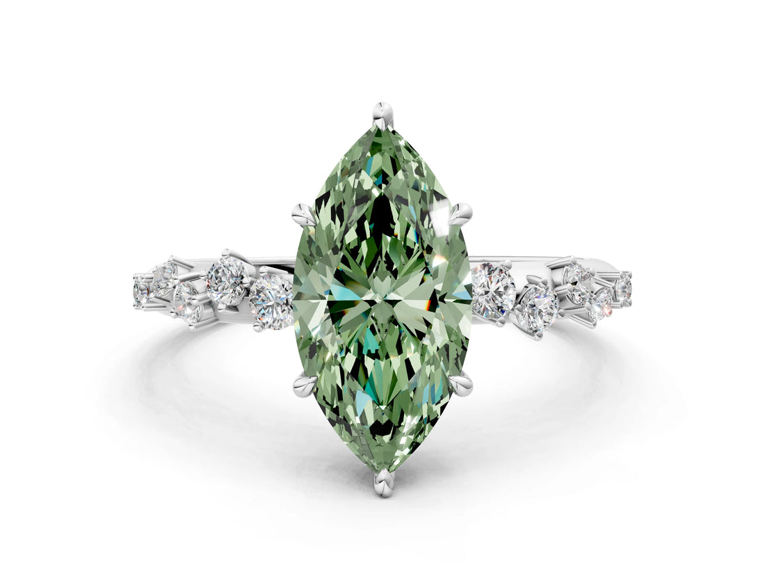 White gold Fancy Green Marquise Cut Diamond Cluster Side Stone Solitaire Ring with Prong Setting_97