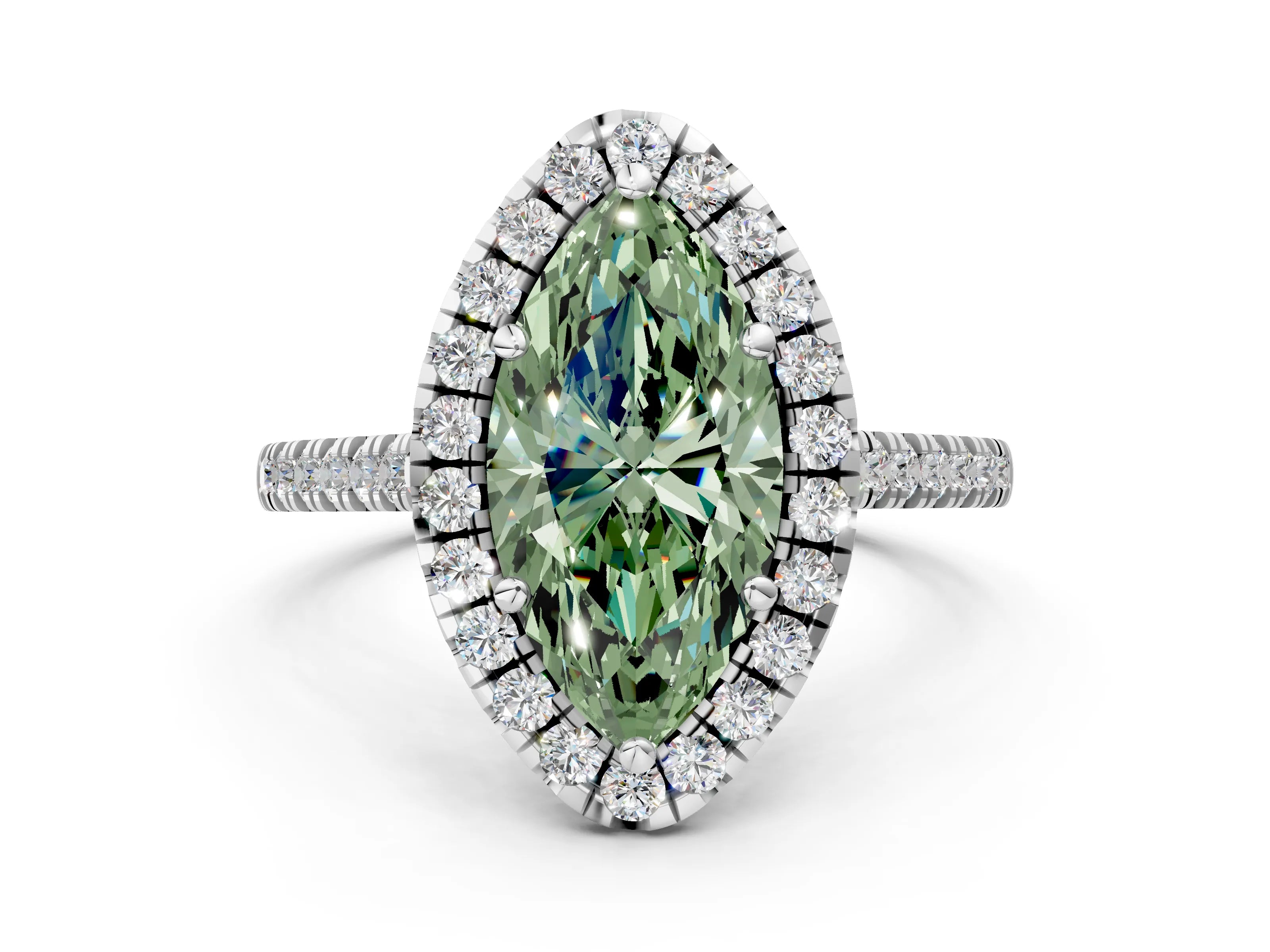 White gold Fancy Green Marquise Cut Diamond Cushion Halo Ring with Pavé Band_12