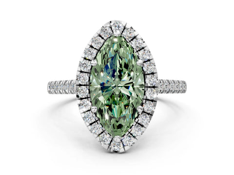 White gold Fancy Green Marquise Cut Diamond Cushion Halo Ring with Pavé Band_12