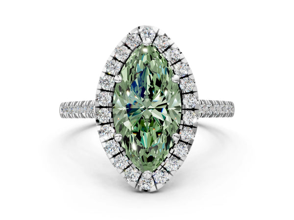 White gold Fancy Green Marquise Cut Diamond Cushion Halo Ring with Pavé Band