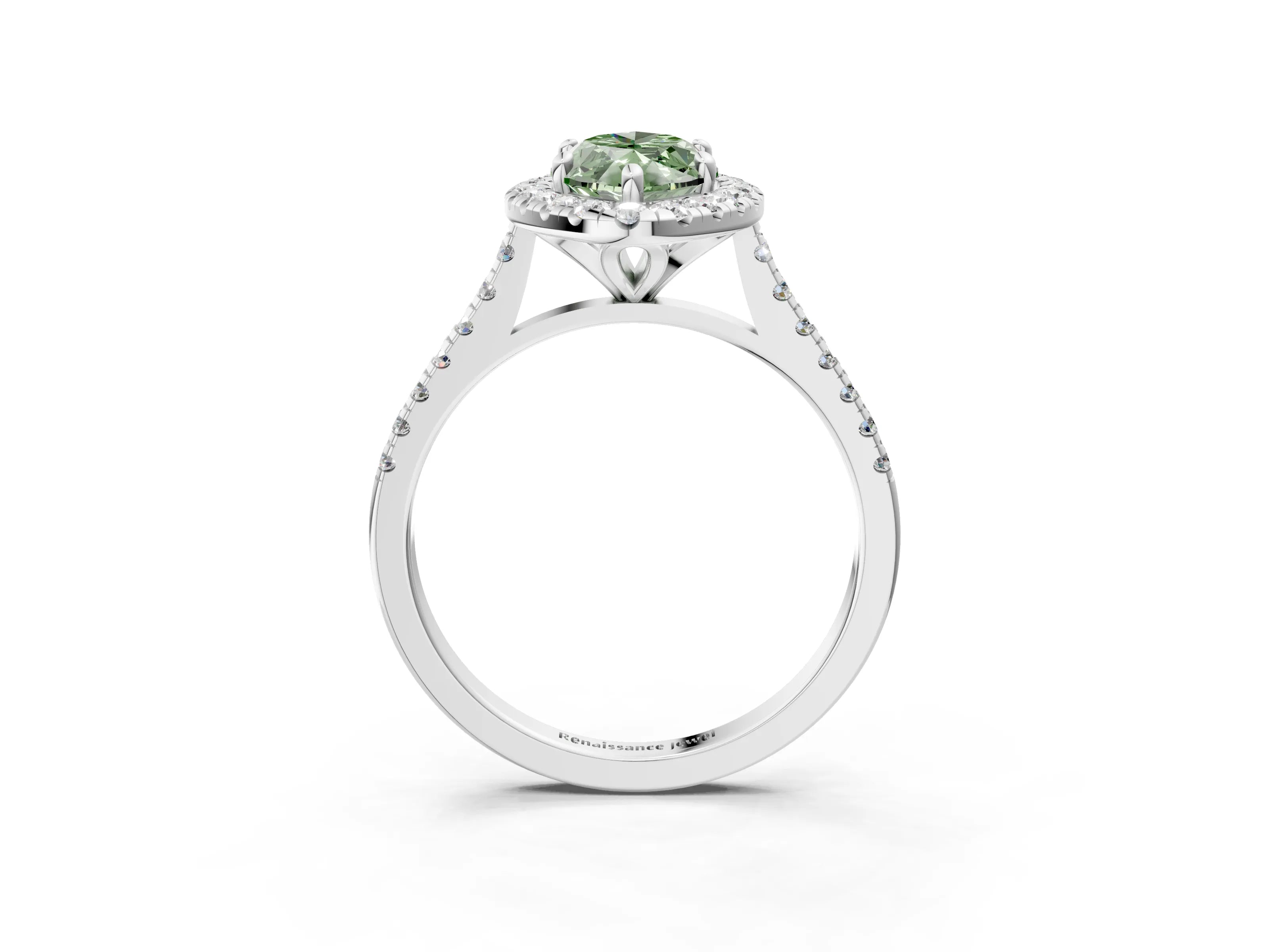 White gold Fancy Green Marquise Cut Diamond Cushion Halo Ring with Pavé Band_15