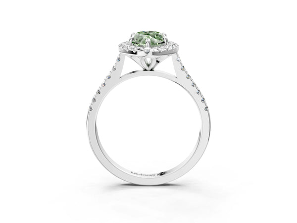 White gold Fancy Green Marquise Cut Diamond Cushion Halo Ring with Pavé Band