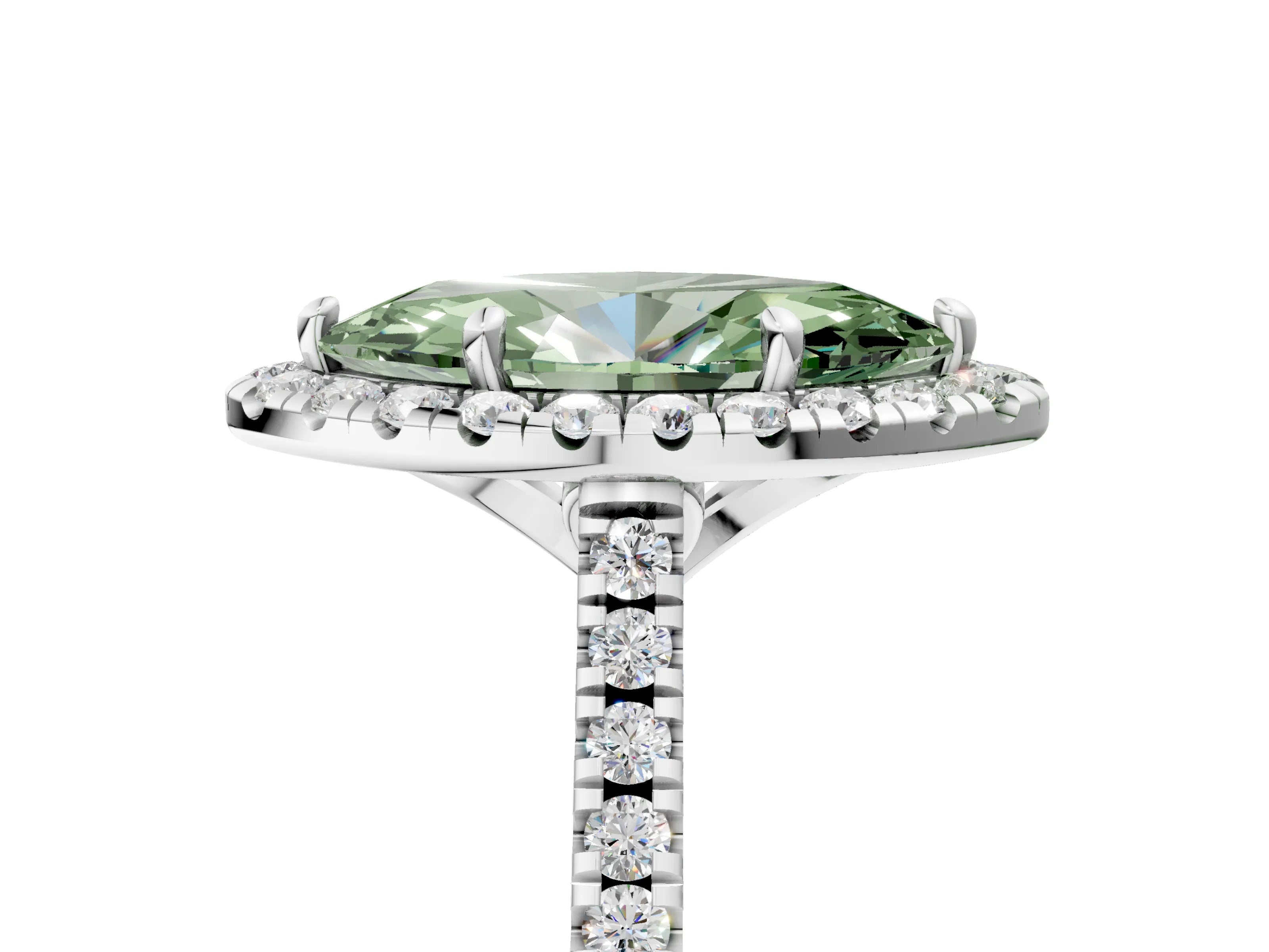 White gold Fancy Green Marquise Cut Diamond Cushion Halo Ring with Pavé Band_17