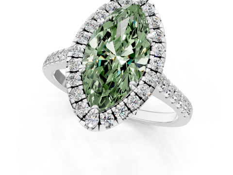 White gold Fancy Green Marquise Cut Diamond Cushion Halo Ring with Pavé Band_1
