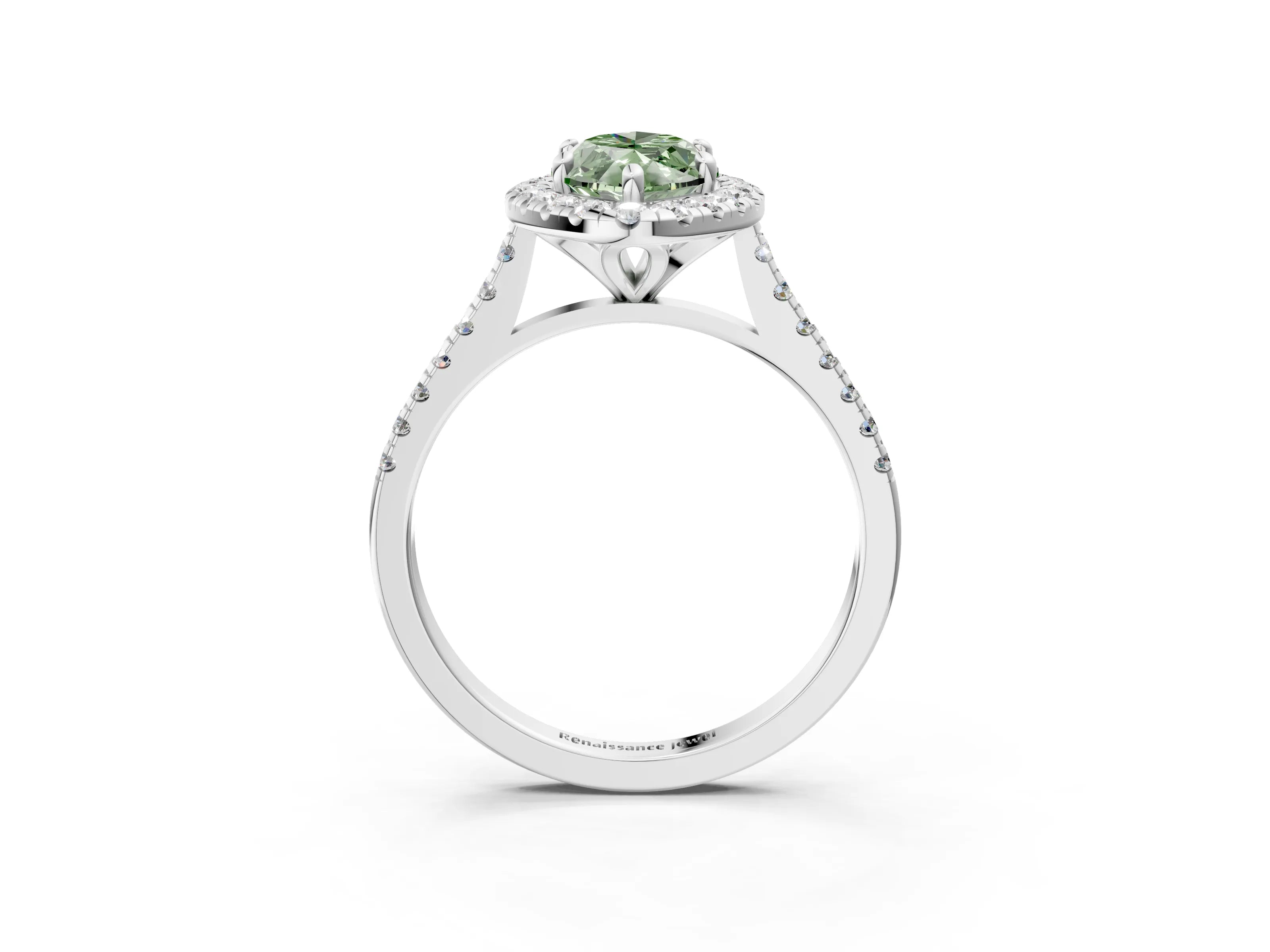 White gold Fancy Green Marquise Cut Diamond Cushion Halo Ring with Pavé Band_3