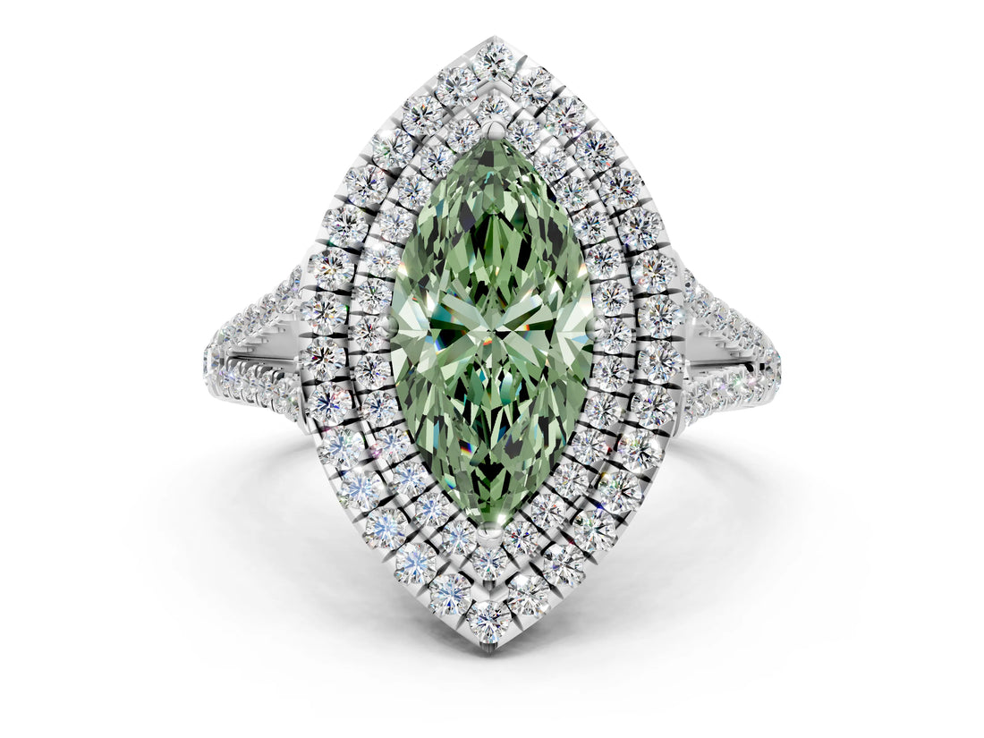 White gold Fancy Green Marquise Cut Diamond Double Halo Ring with Pavé Band and Prong Setting_126