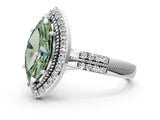 White gold Fancy Green Marquise Cut Diamond Double Halo Ring with Split Shank and Four-Prong Setting