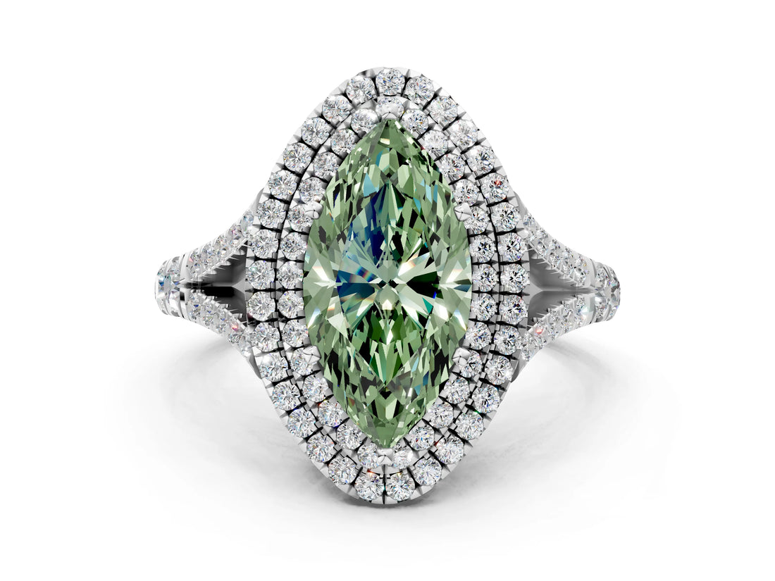 White gold Fancy Green Marquise Cut Diamond Double Halo Ring with Split Shank and Prong Setting_27