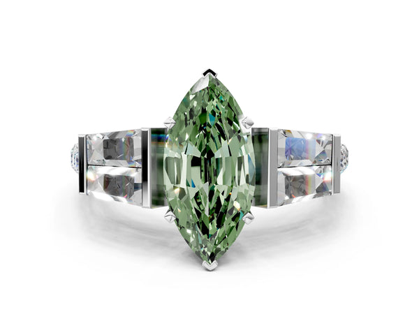 Platinum Fancy Green Marquise Cut Diamond Engagement Ring with Baguette Side Stones and Channel Set Band