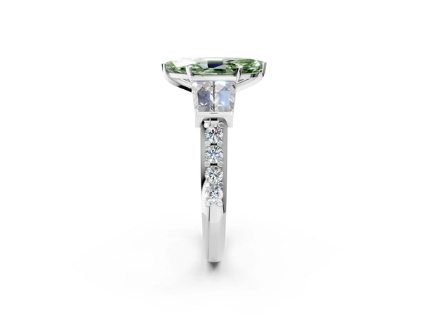 Platinum Fancy Green Marquise Cut Diamond Engagement Ring with Baguette Side Stones and Channel Set Band