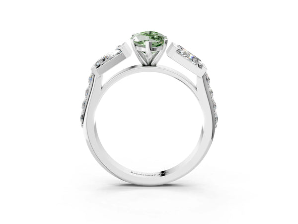 Platinum Fancy Green Marquise Cut Diamond Engagement Ring with Baguette Side Stones and Channel Set Band