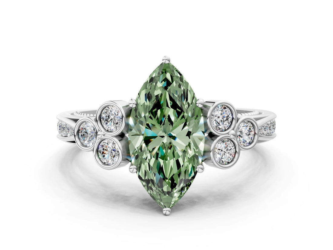 White gold Fancy Green Marquise  Cut Diamond Engagement Ring with Bezel Set Round Side Stones and Prong Setting_49