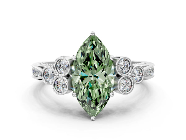 Platinum Fancy Green Marquise  Cut Diamond Engagement Ring with Bezel Set Round Side Stones and Prong Setting
