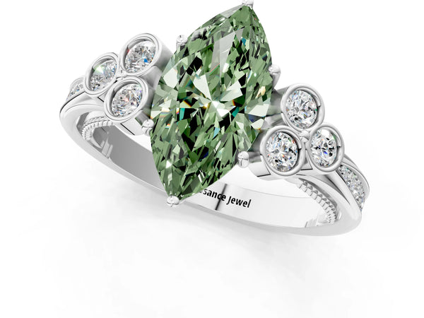 Platinum Fancy Green Marquise  Cut Diamond Engagement Ring with Bezel Set Round Side Stones and Prong Setting