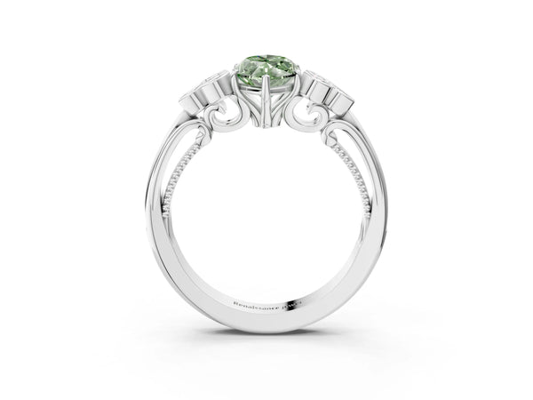 Platinum Fancy Green Marquise  Cut Diamond Engagement Ring with Bezel Set Round Side Stones and Prong Setting