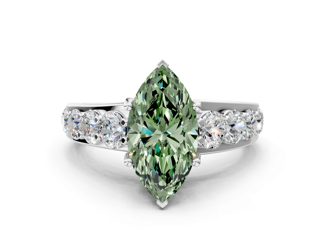 White gold Fancy Green Marquise  Cut Diamond Engagement Ring with Pavé Band and Four-Prong Setting_3