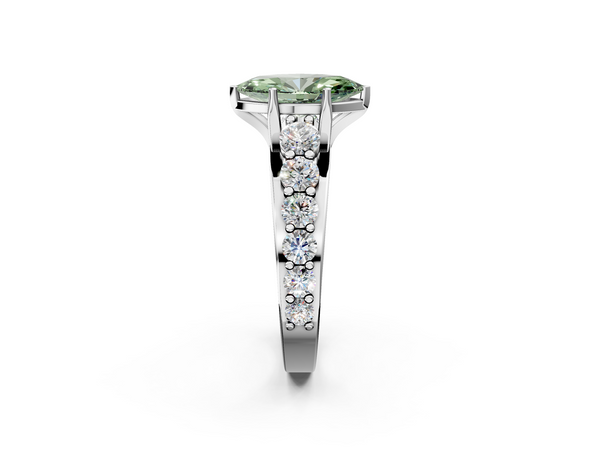 White gold Fancy Green Marquise Cut Diamond Engagement Ring with Pavé Band and Four-Prong Setting