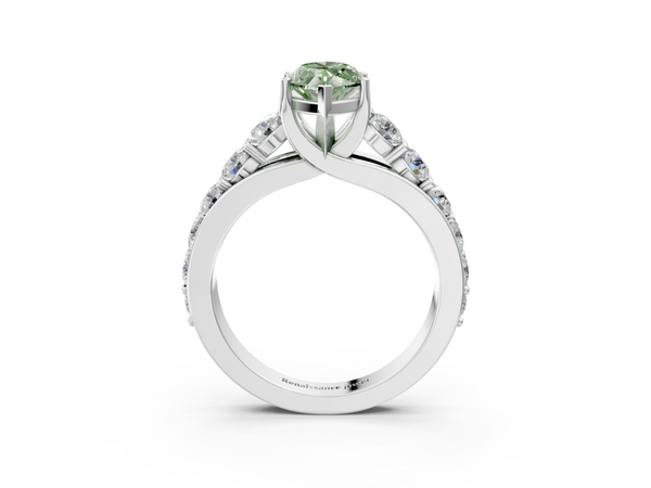 White gold Fancy Green Marquise Cut Diamond Engagement Ring with Pavé Band and Four-Prong Setting