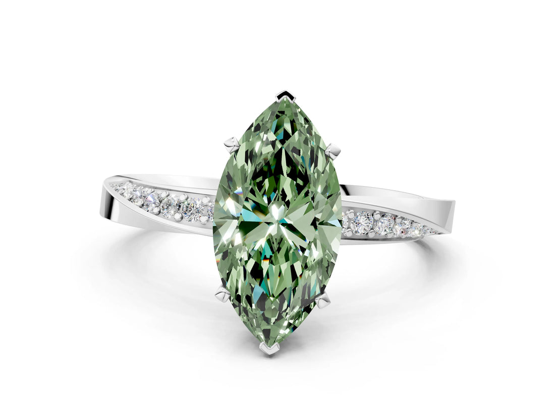 White gold Fancy Green Marquise Cut Diamond Engagement Ring with Side Stone Accents and Four-Prong Setting_24