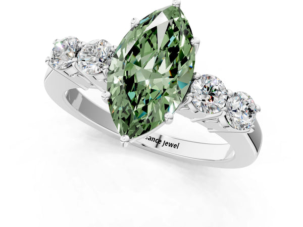 Platinum Fancy Green Marquise  Cut Diamond Five-Stone Prong Set White Gold Ring