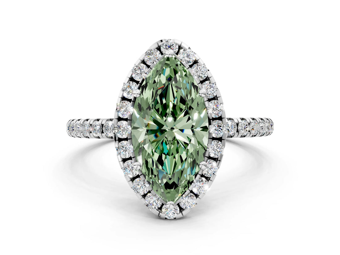 White gold Fancy Green Marquise  Cut Diamond Floral Halo Engagement Ring with Pavé Band and Prong Setting_91