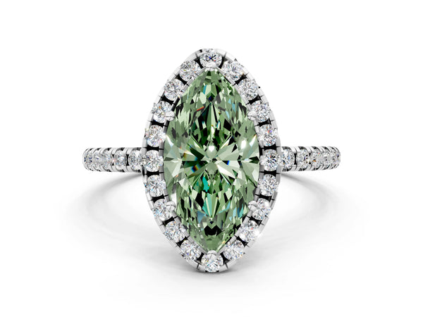 Platinum Fancy Green Marquise  Cut Diamond Floral Halo Engagement Ring with Pavé Band and Prong Setting