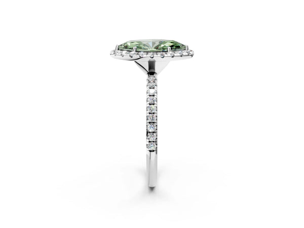 Platinum Fancy Green Marquise  Cut Diamond Floral Halo Engagement Ring with Pavé Band and Prong Setting