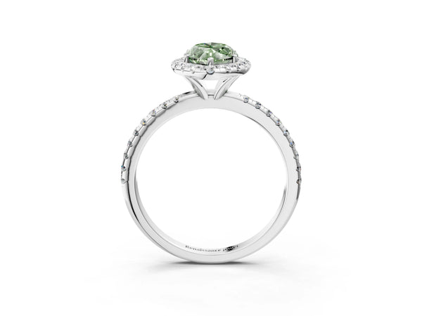 Platinum Fancy Green Marquise  Cut Diamond Floral Halo Engagement Ring with Pavé Band and Prong Setting