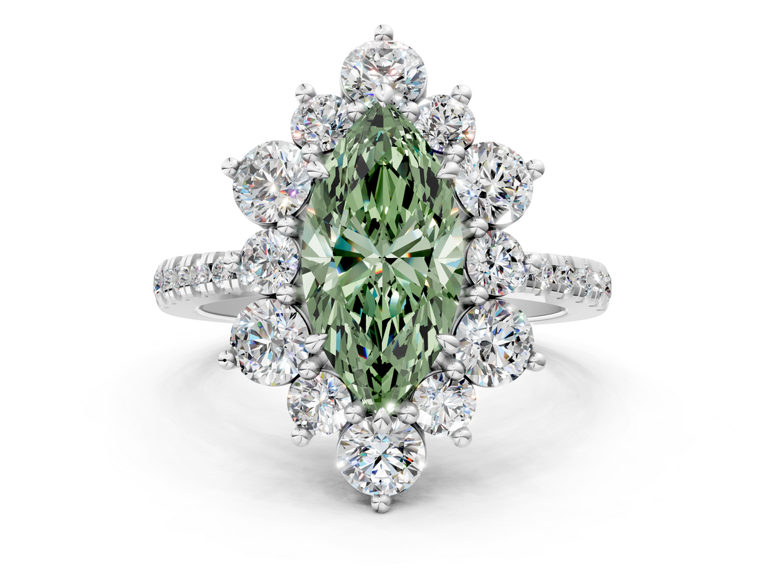 White gold Fancy Green Marquise  Cut Diamond Floral Halo Pave Band with Prong Setting_37
