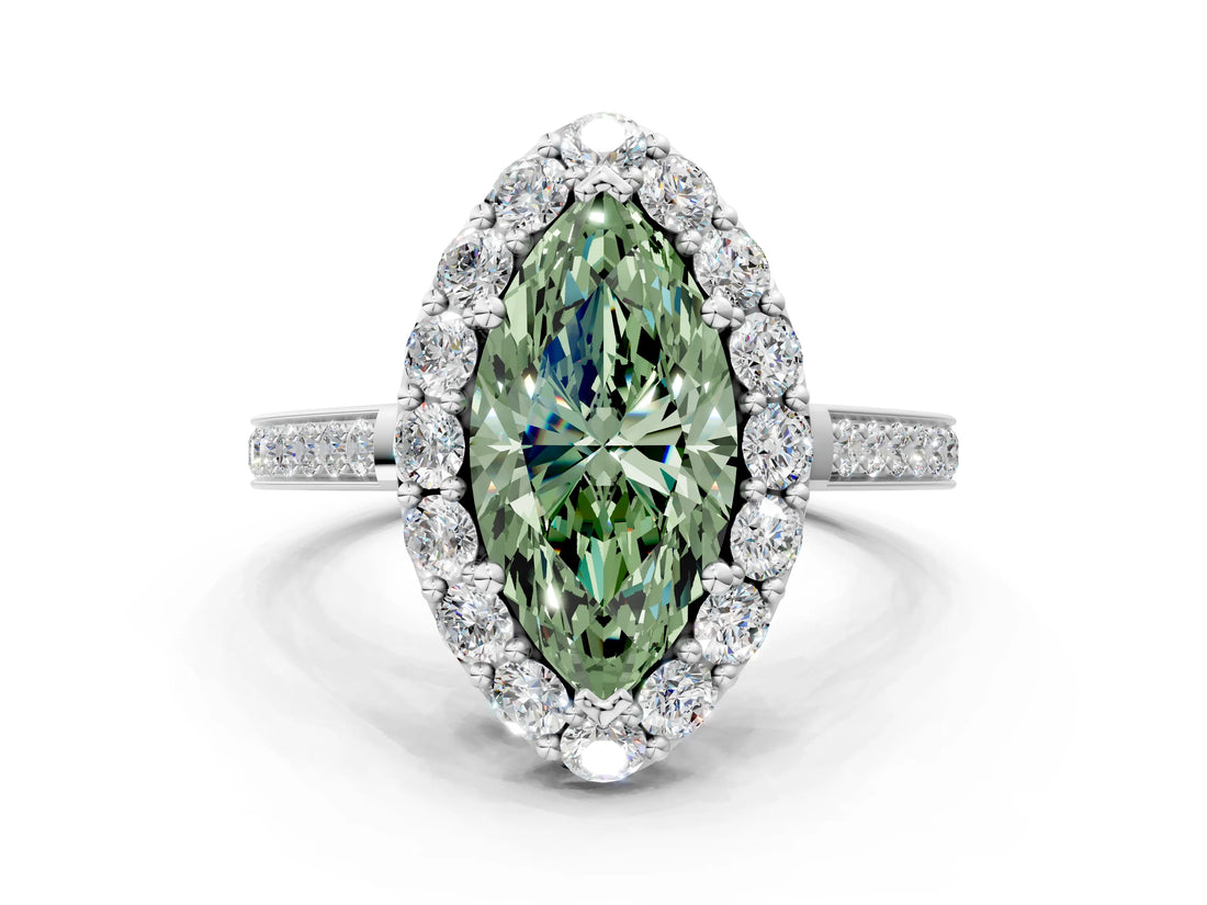 White gold Fancy Green Marquise Cut Diamond Floral Halo Ring with Pavé Band and Prong Setting_7