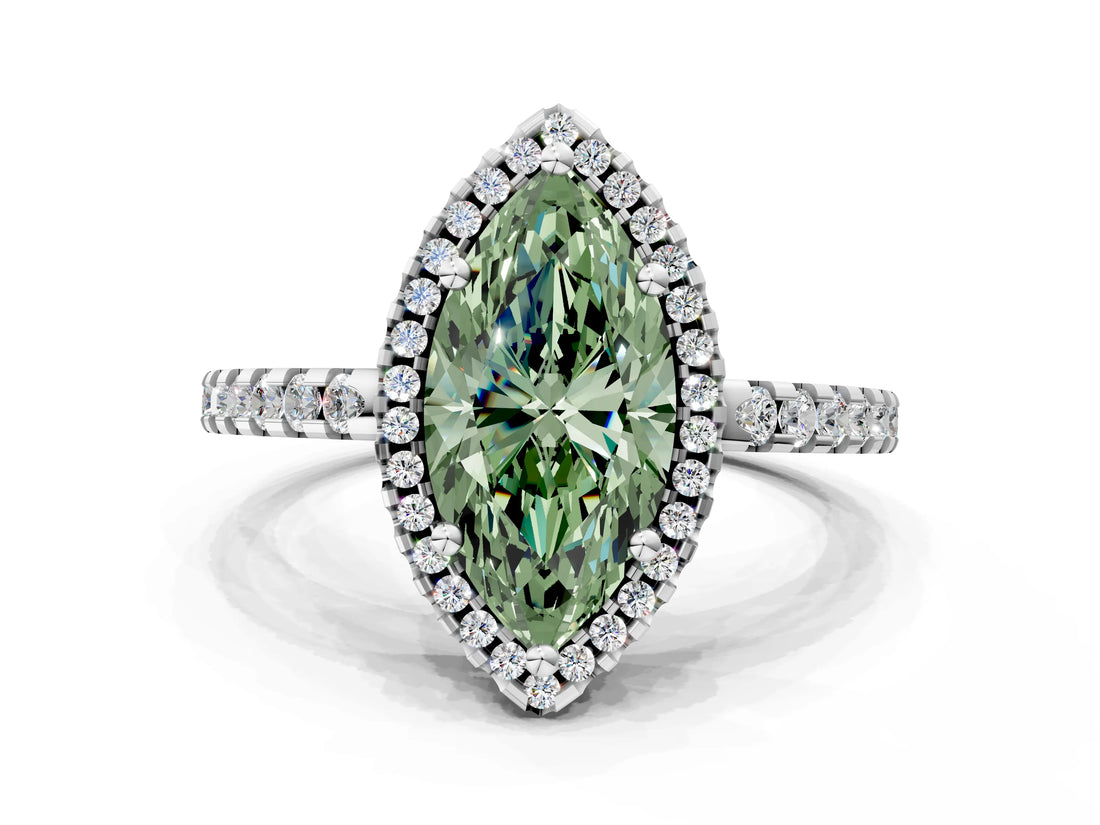 White gold Fancy Green Marquise Cut Diamond Halo Engagement Ring with Pavé Band and Prong Setting_39