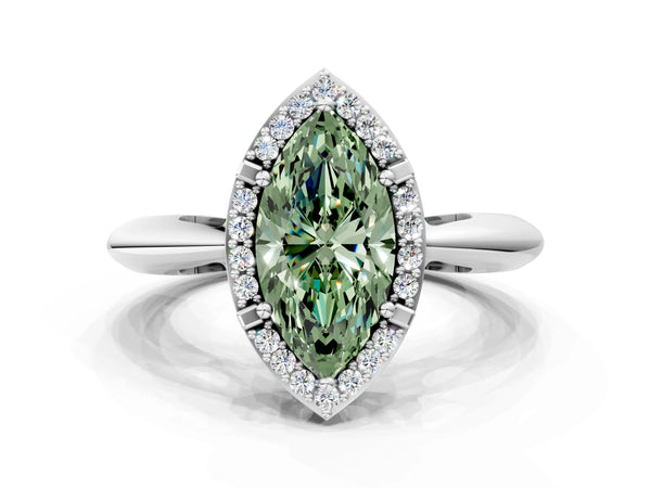 Platinum Fancy Green Marquise  Cut Diamond Halo Engagement Ring with Split Shank and Four-Prong Setting