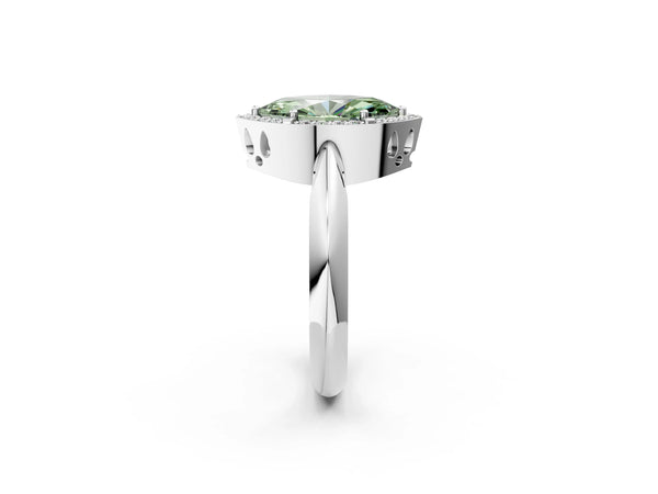 Platinum Fancy Green Marquise  Cut Diamond Halo Engagement Ring with Split Shank and Four-Prong Setting