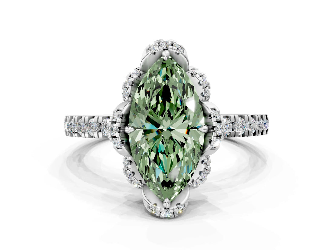 White gold Fancy Green Marquise Cut Diamond Halo Pave Band with Four-Prong Setting_3
