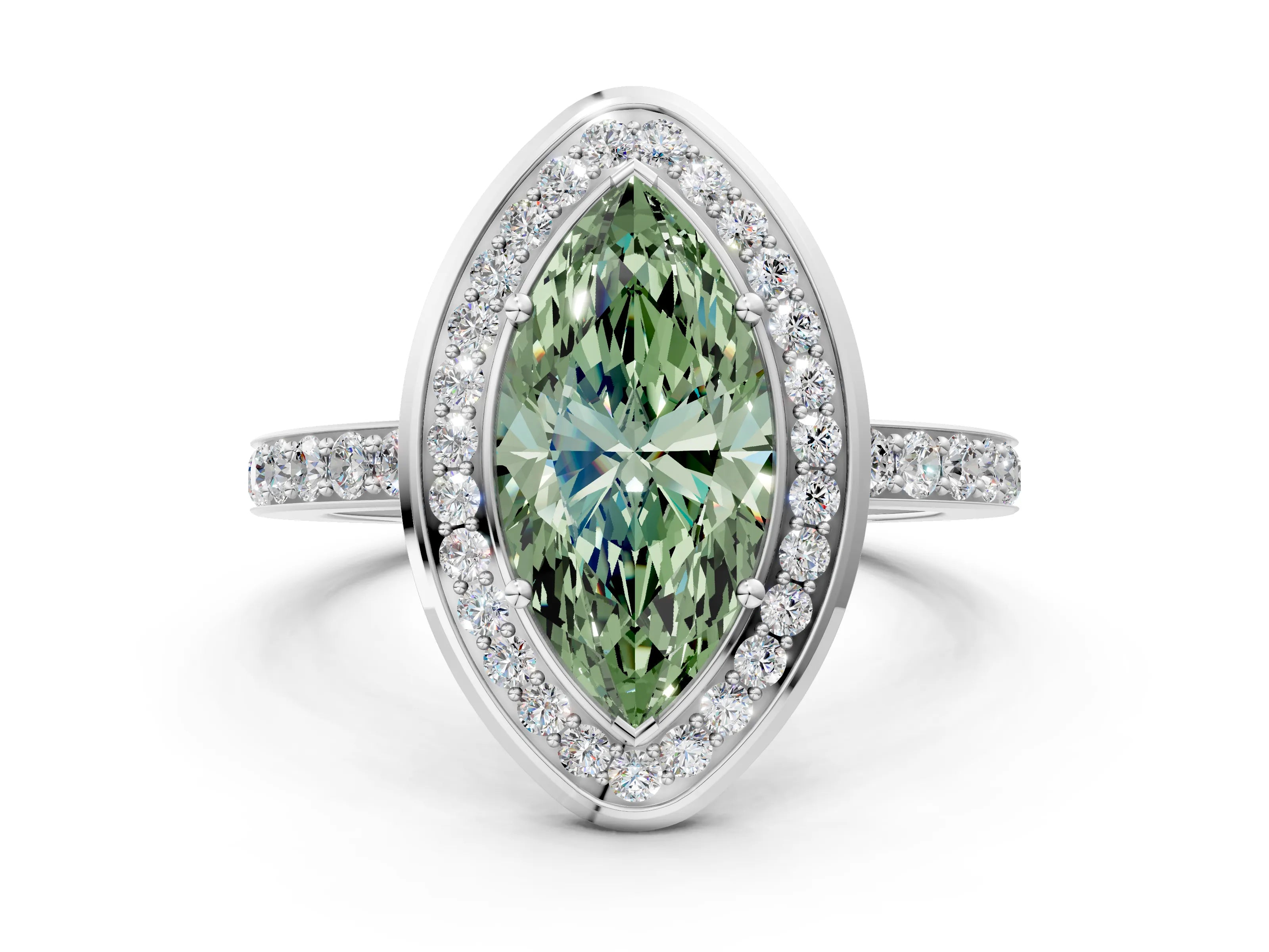 White gold Fancy Green Marquise Cut Diamond Halo Ring with Bezel Frame and Pavé Band