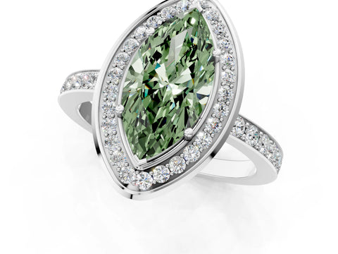 White gold Fancy Green Marquise Cut Diamond Halo Ring with Bezel Frame and Pavé Band_1