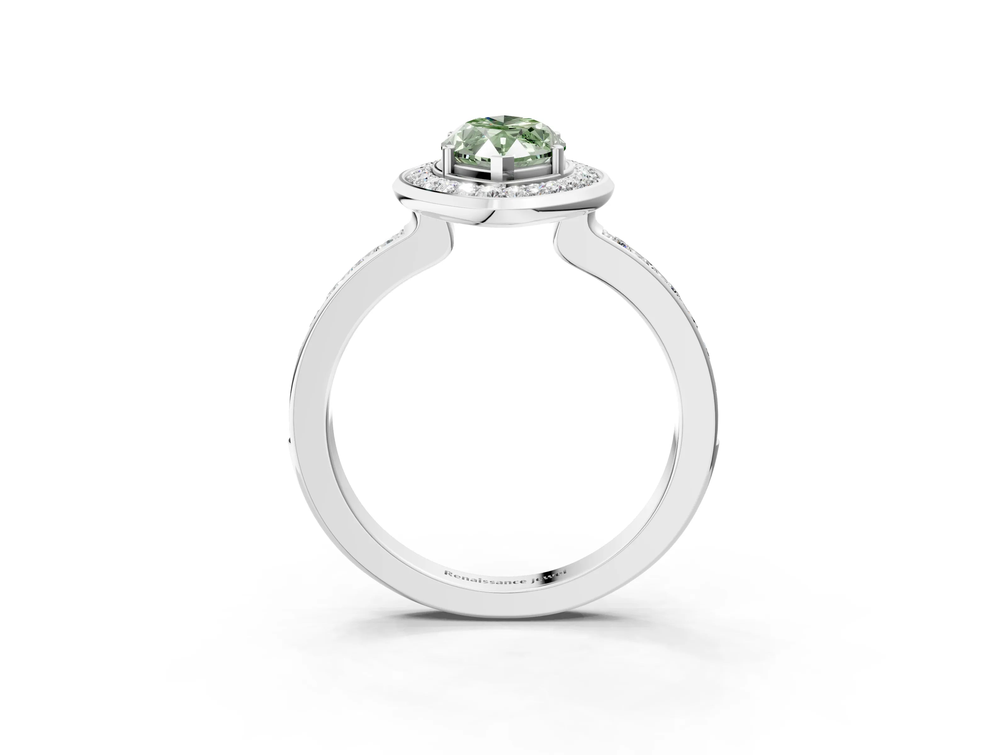 White gold Fancy Green Marquise Cut Diamond Halo Ring with Bezel Frame and Pavé Band_3